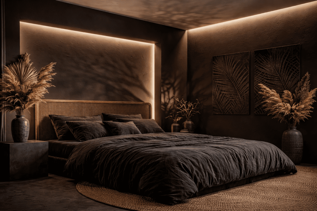 Luxuriöses Schlafzimmer mit modernem Design Bett und warmem Licht, hochwertige Betten und Matratzen für erholsamen Schlaf