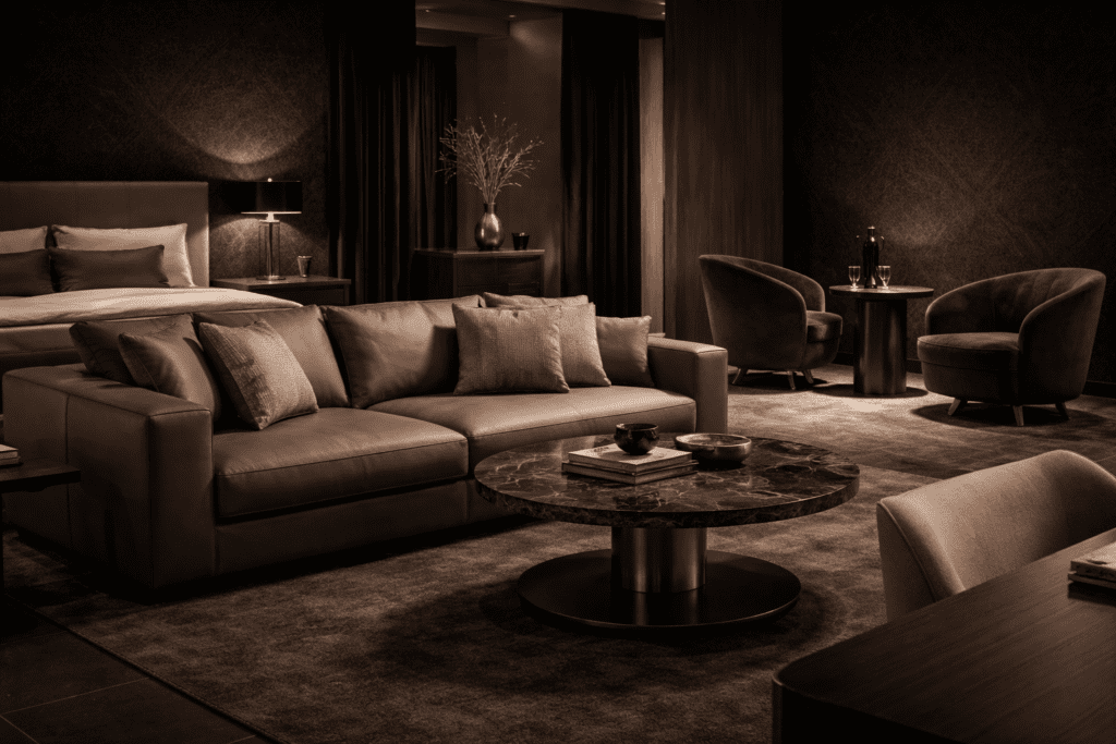 Luxuriöses Wohnzimmer mit hochwertigen Designmöbeln, Sofa, Sessel und Couchtisch in modernem dunklen Ambiente