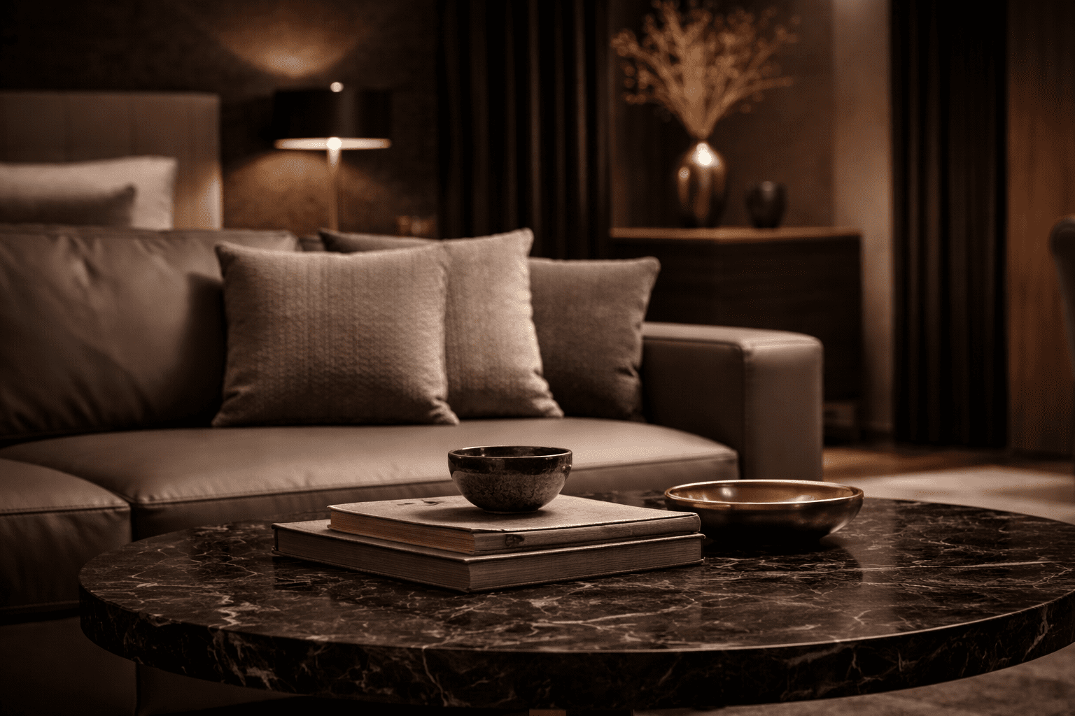 Dunkles hochwertiges Wohnzimmer mit Sofa, schwarzem Marmortisch und stilvollen Wohnaccessoires in modernem Premium-Design