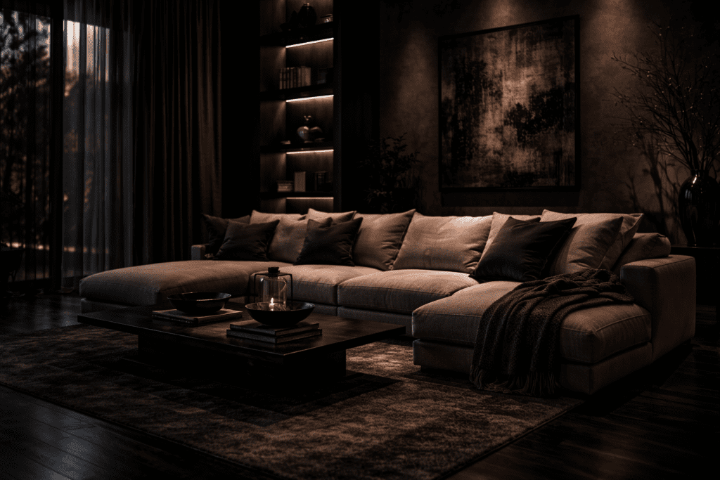 Luxuriöses Wohnzimmer mit modernem Sofa und Liege im dunklen Design, hochwertige Einrichtung und stilvolle Atmosphäre