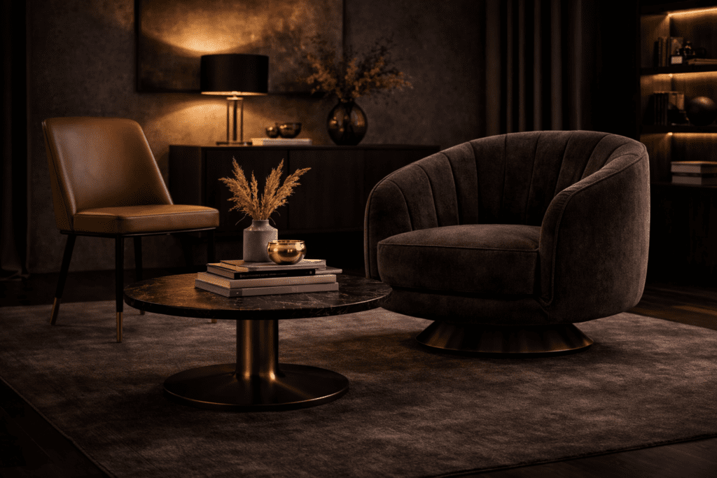 Luxuriöse Stühle und Sessel im modernen Wohnzimmer, hochwertige Materialien und stilvolle Einrichtung im dunklen Design