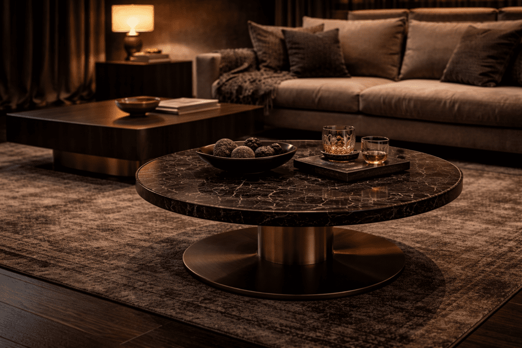 Luxuriöser Couchtisch im modernen Wohnzimmer mit warmem Licht, hochwertige Design Tische und stilvolle Einrichtung