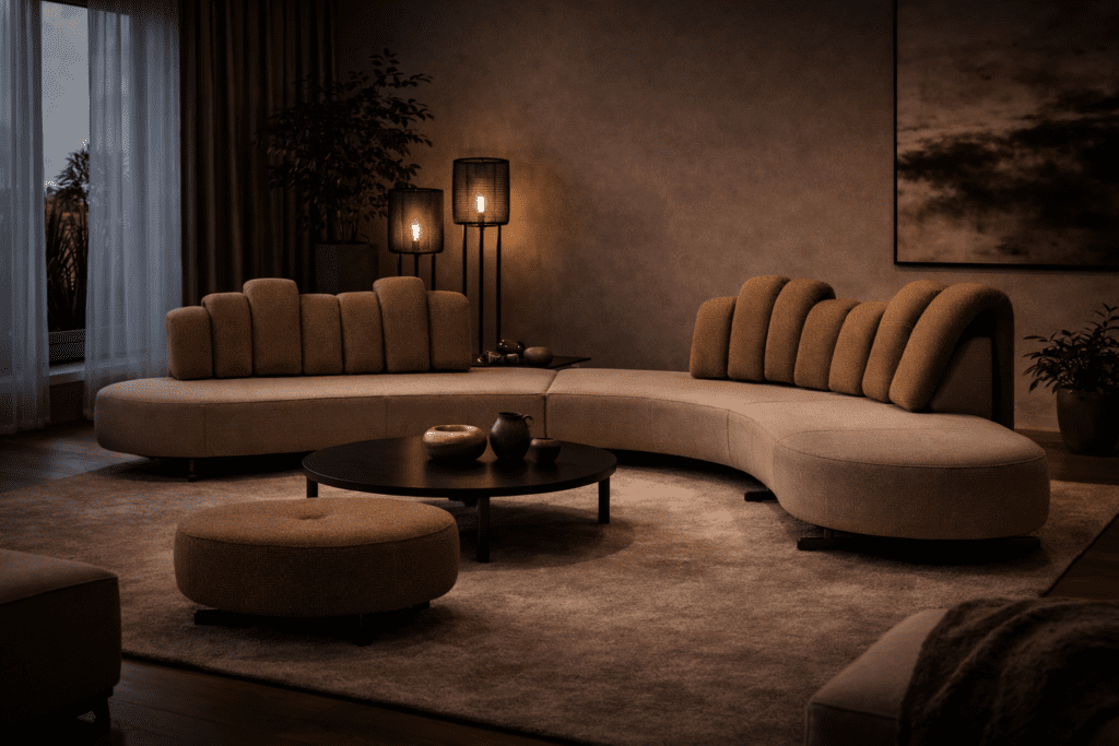 Großes De Sede Designsofa in einem modernen Wohnzimmer mit dunkler, warmer Beleuchtung und stilvoller Einrichtung