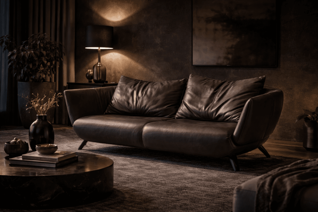 Dunkles De Sede Ledersofa in einem stilvollen modernen Wohnzimmer mit eleganter und natürlicher Wohnatmosphäre