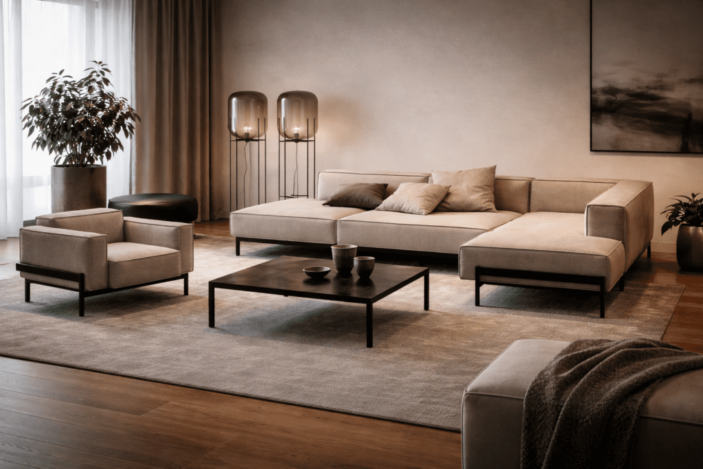 Modernes De Sede Ecksofa in einem stilvollen Wohnzimmer mit dunkler, eleganter Atmosphäre und hochwertiger Einrichtung